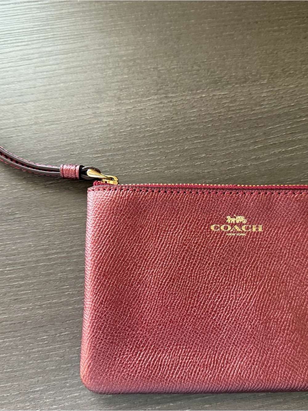 Coach F54626 Metallic Cherry Leather Corner Zip Wristlet
